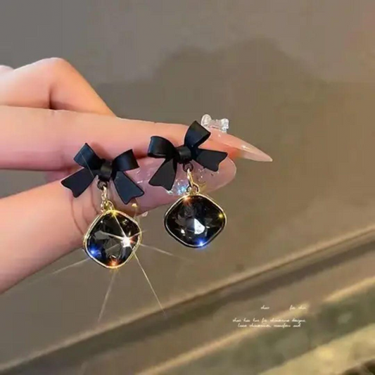 Elegant Black Bow Crystal Earrings