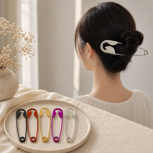 Oversized Safety Pin Hair Clip, Silver, Bun Holder, Minimalist Style, Korean Aesthetic