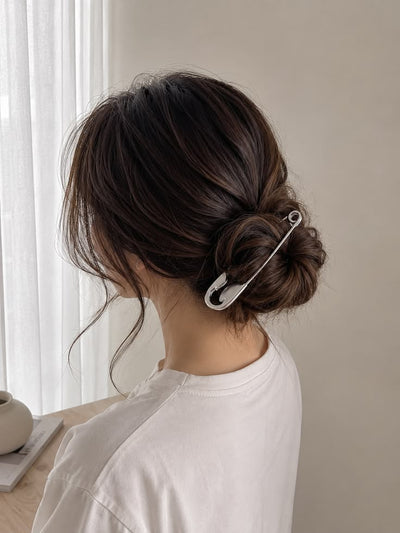 Oversized Safety Pin Hair Clip, Silver, Bun Holder, Minimalist Style, Korean Aesthetic