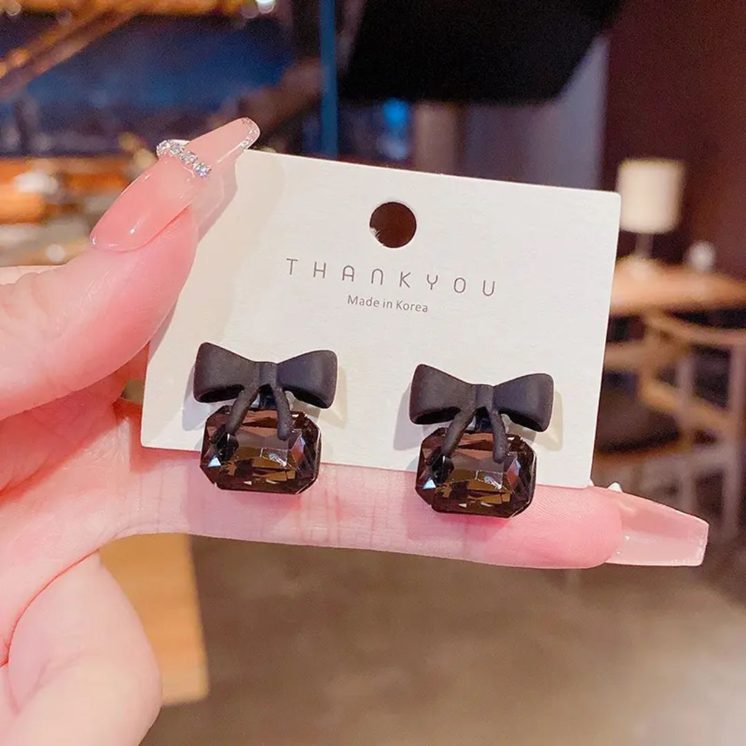 Elegant Black Bow Crystal Earrings