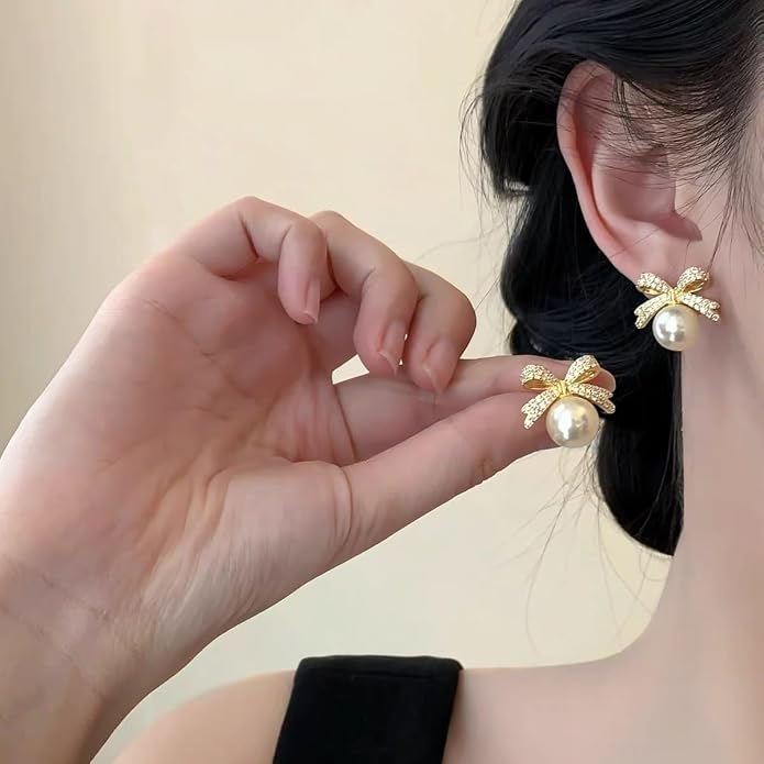 Elegant Pearl Bow Stud Earrings