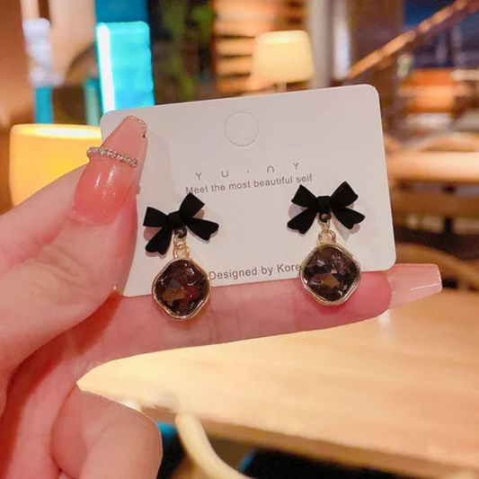 Elegant Black Bow Crystal Earrings