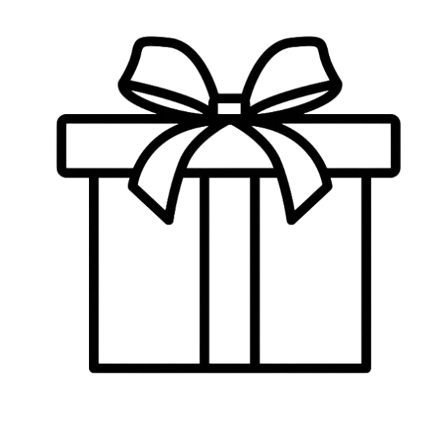 Black line drawing of a gift box with a bow on a white background