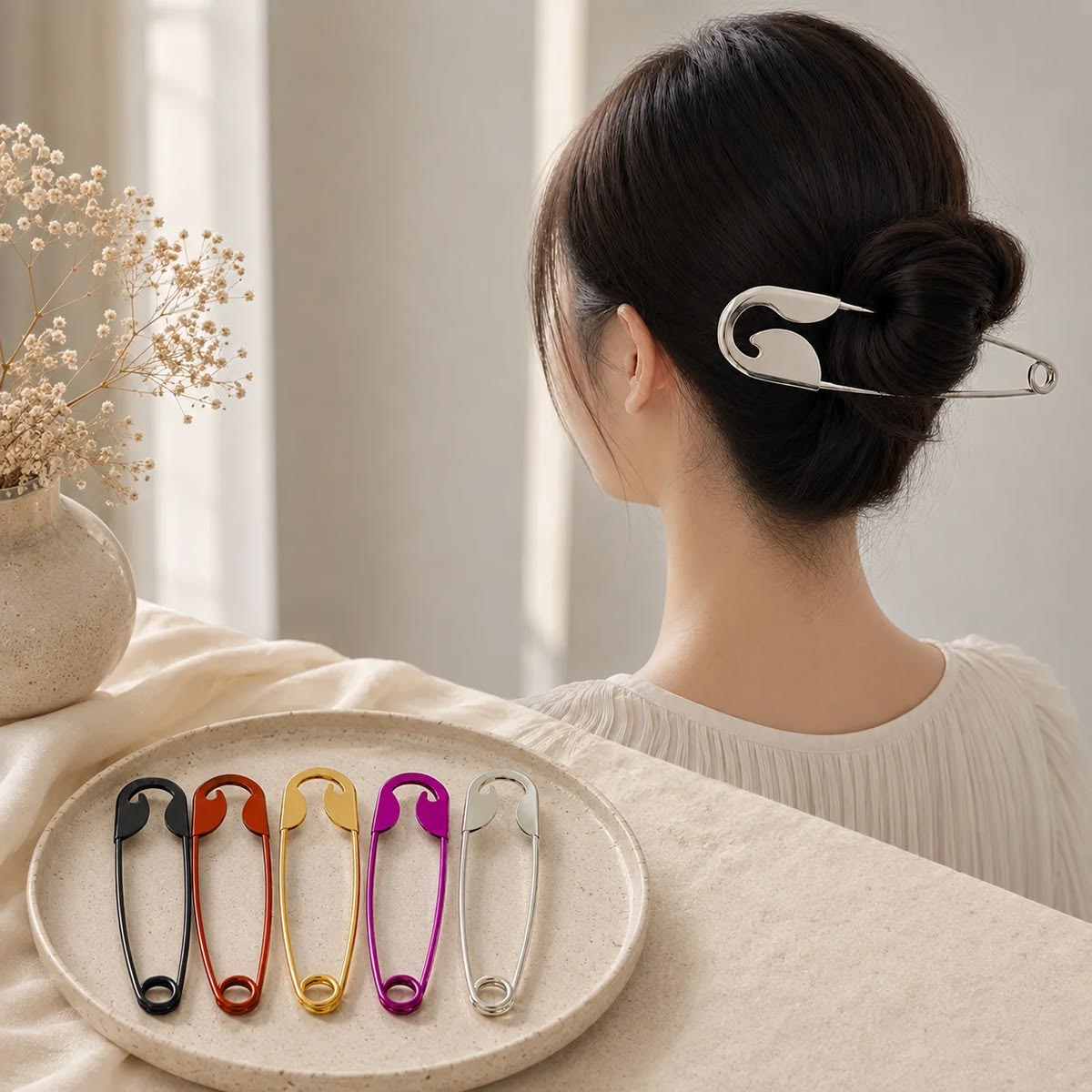 Oversized Safety Pin Hair Clip, Silver, Bun Holder, Minimalist Style, Korean Aesthetic